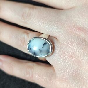 Sterling Silver White and Grey Dendritic Opal Gemstone Oval Statement Ring - 7.5